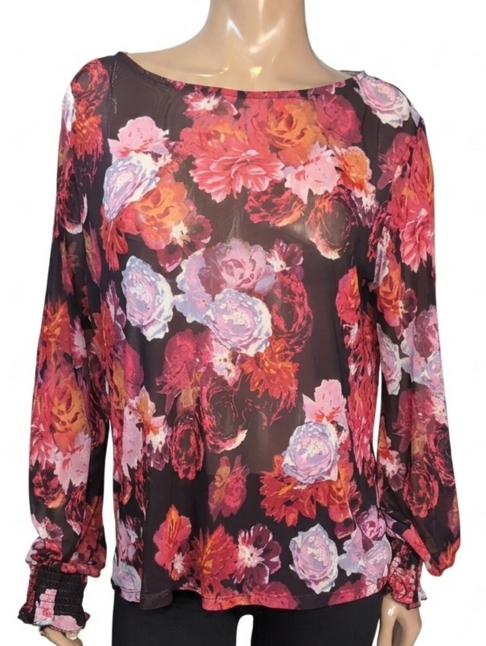 George Sheer Pink Floral Blouse Womens Size XXL Long Sleeve Boat Neck Top